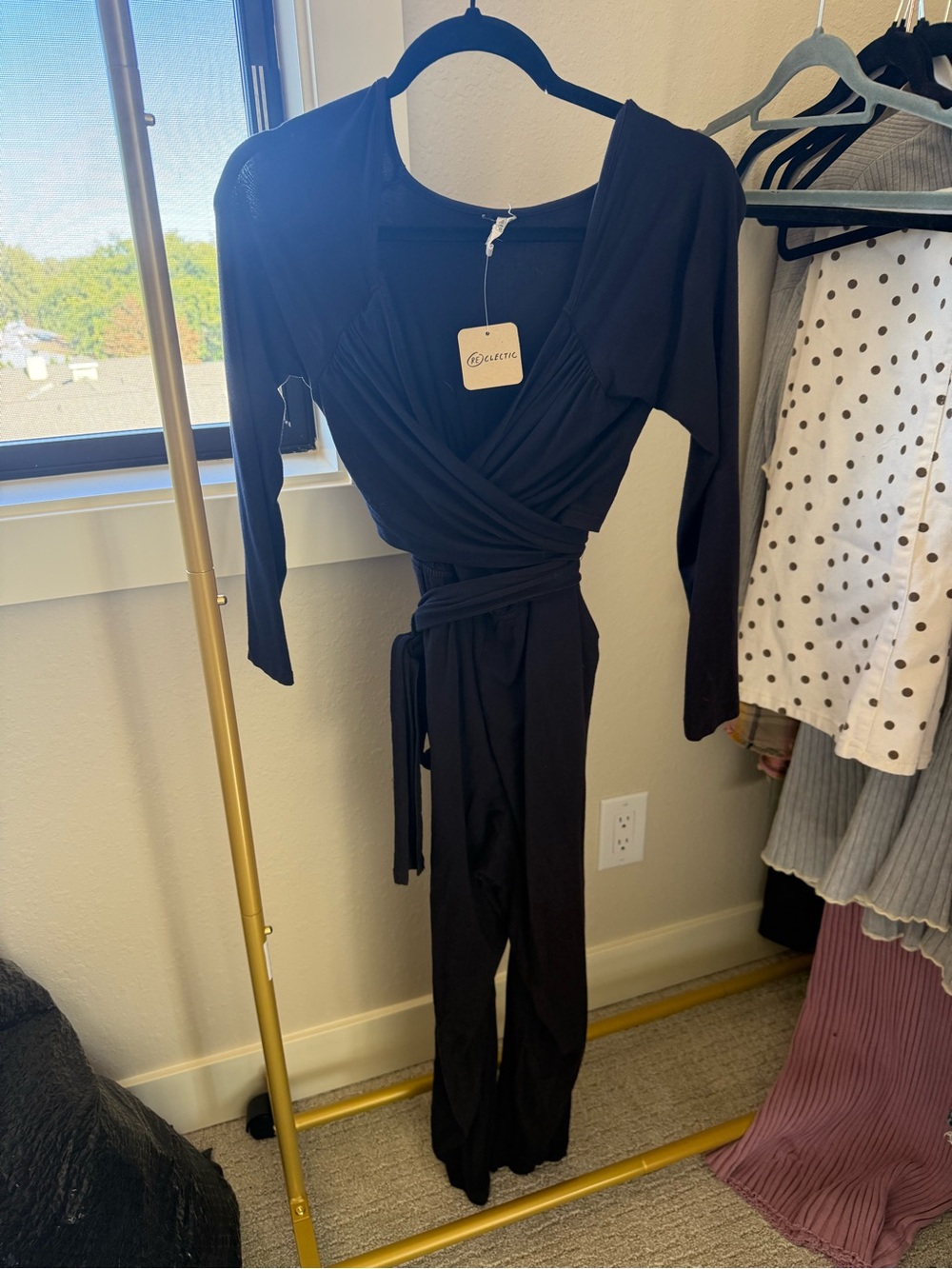 Wrap-Front Black Jumpsuit with Waist Tie